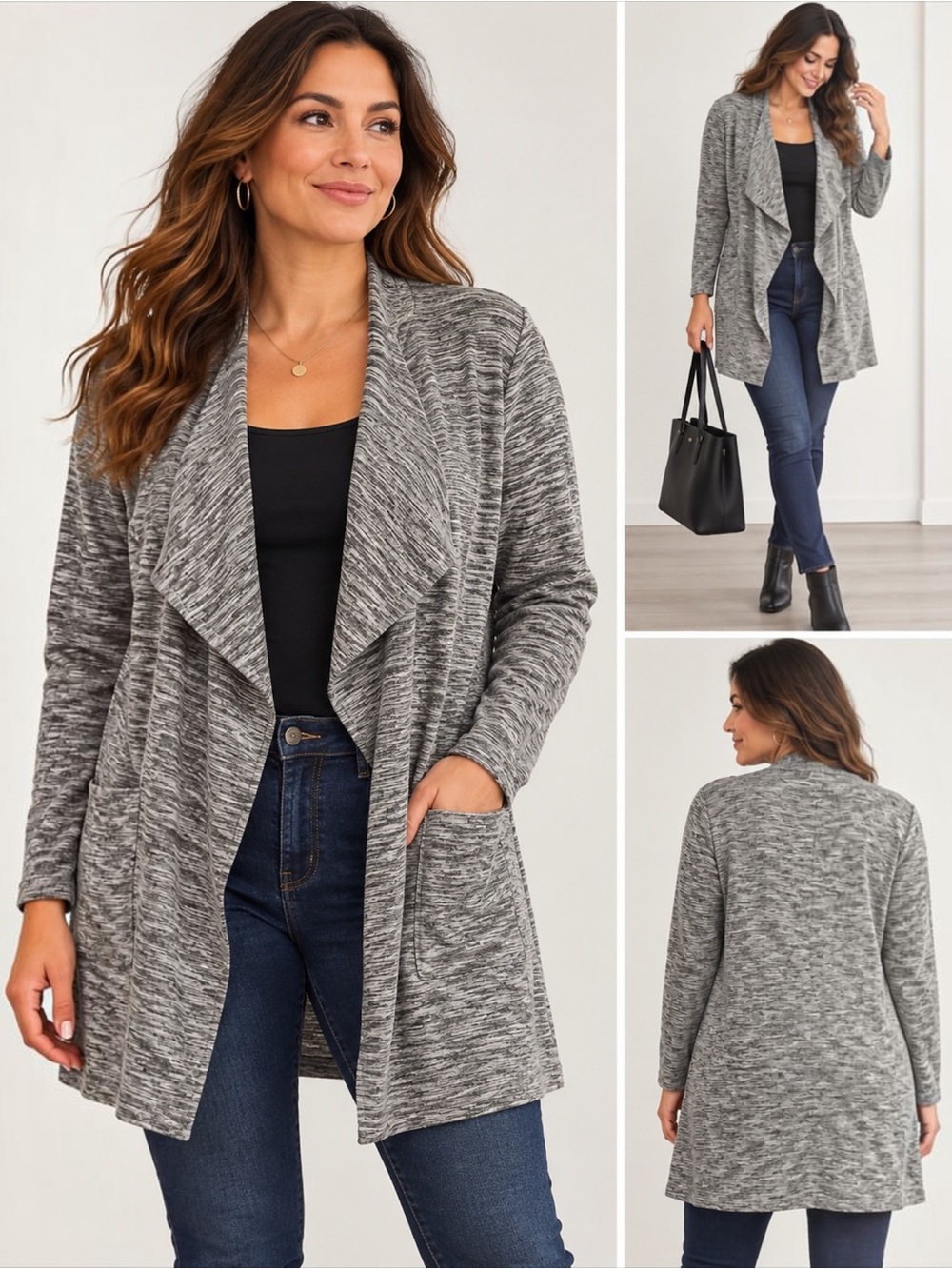 Roz & Ali Cardigan Women XL Gray Black Space Dye Waterfall Open Front Longline